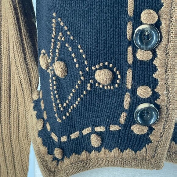 NWT Vintage Dead Stock Hand Embroidered Mixed Knit Bobble Black Tan Cardigan S - Picture 8 of 12